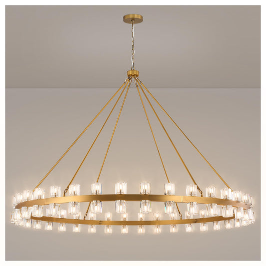 AEULYTIR 70 Inch Gold Wagon Wheel Chandelier with Crystal Shade, 72 Lights, Modern Farmhouse Style, Ideal for Dining Room, Kitchen, Entryways