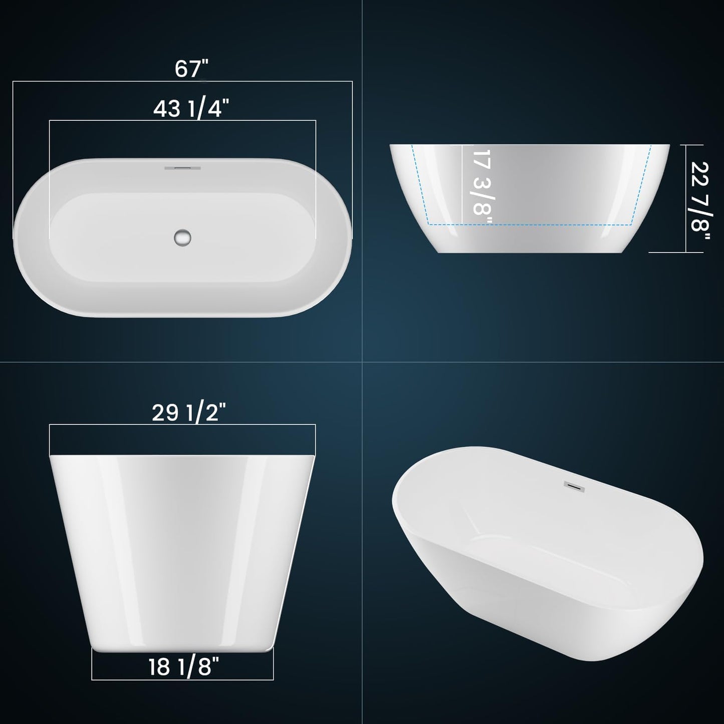 67" Free Standing Tub, Acrylic Freestanding Bathtub, Modern Soaking Tub with Integrated Overflow and Drain, White Bathroom Fixture, Stand Alone Bathtub, CUPC Certified, MB
