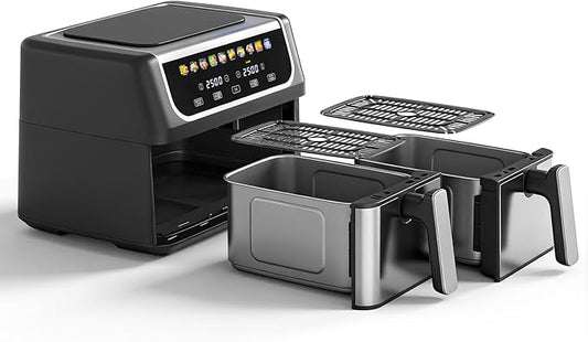 2 Baskets Air Fryer 9.5 QT, 10 in 1 Dual Air Fryers with Ceramic Crisper Plate, 80-450°F Wide Temp, Smart Cooking Mode with Match & Sync Cook, Shake Reminder, Roast, Defrost, Bake, Black
