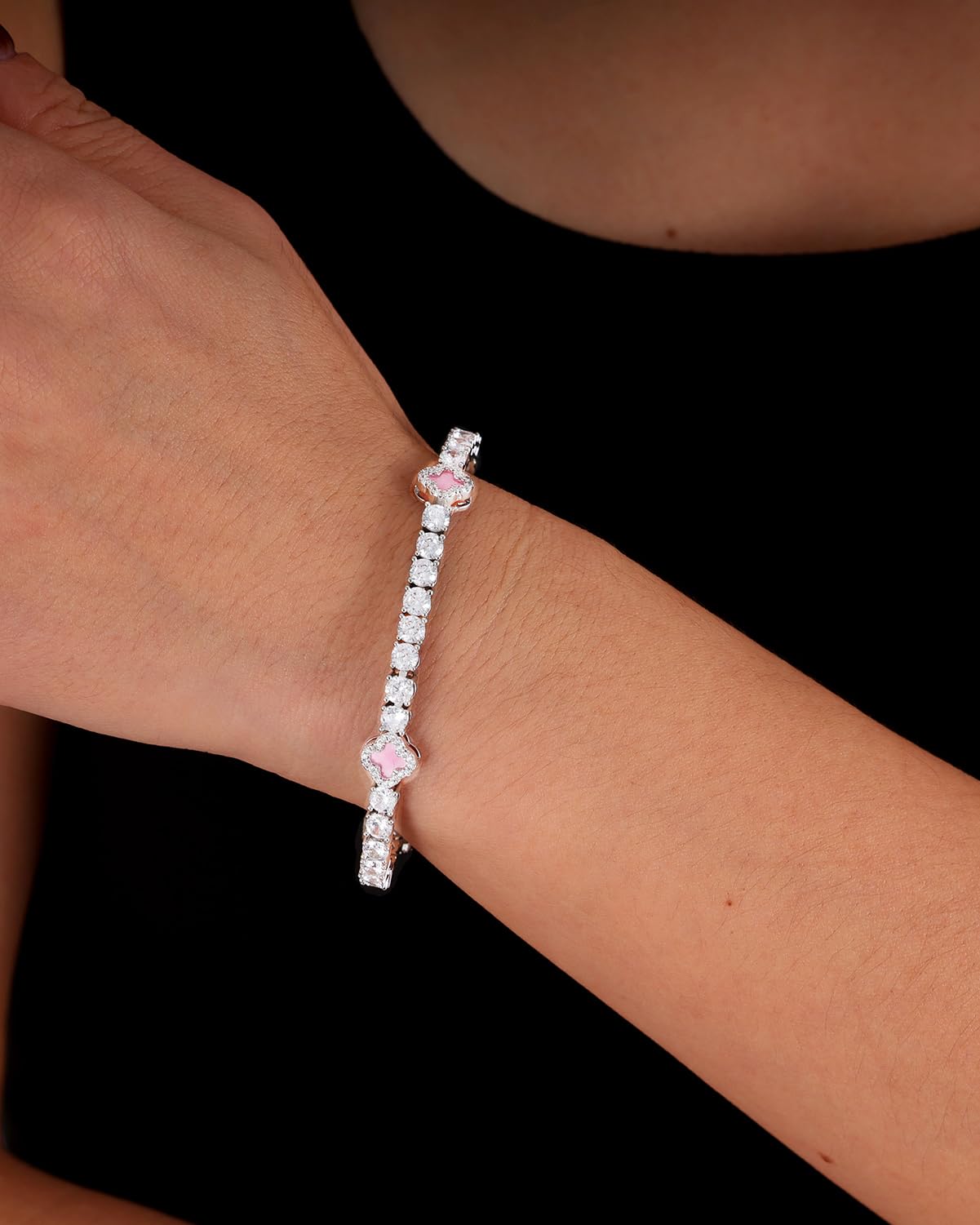 LuxeFlex 4mm Iced Out Clover Tennis Bracelet, White Gold Plated with 5A Zircon Stones, Handmade exquisite Hip Hop Jewelry, Perfect Unisex Gift (White Gold-Pink,7)