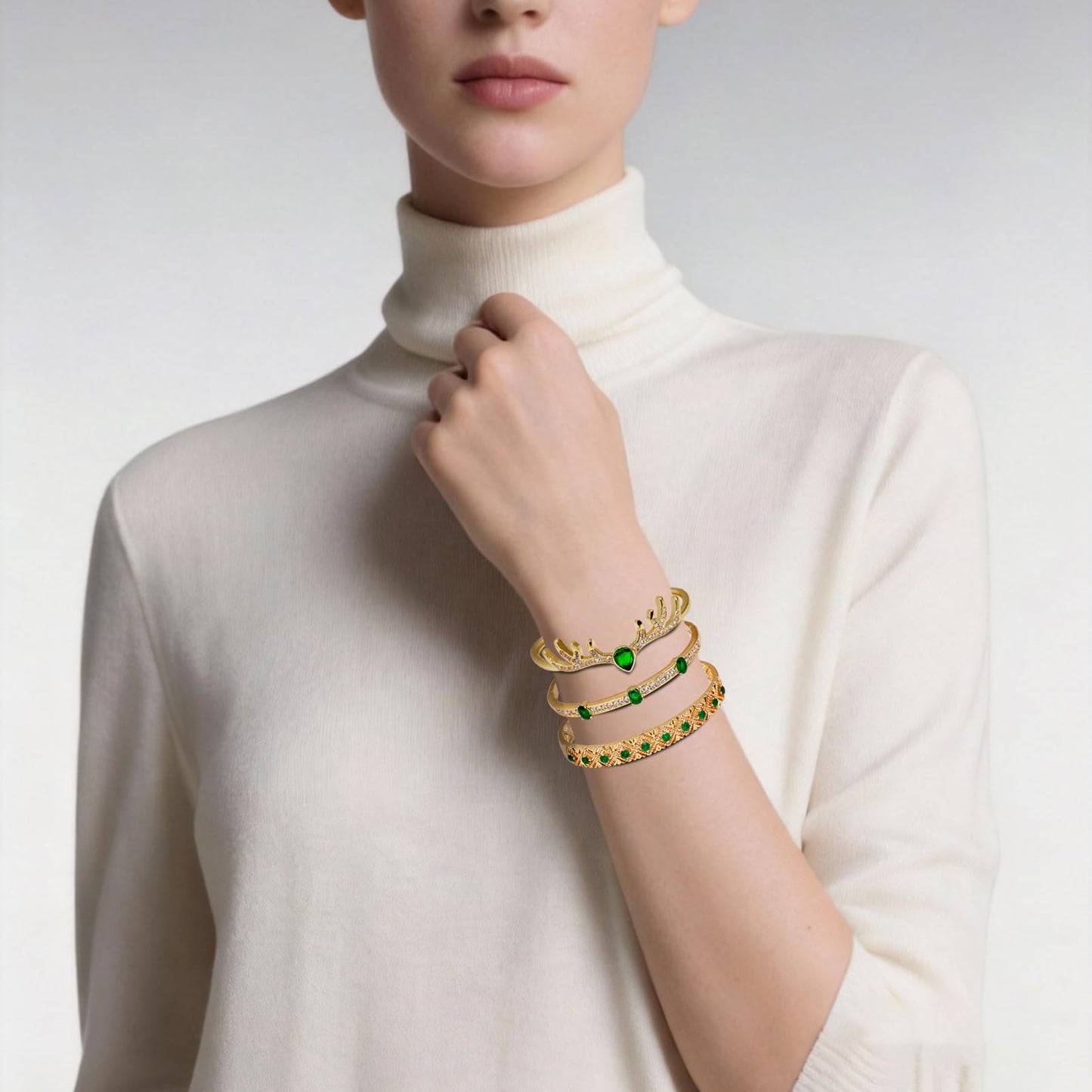 fivesweet 3PCS Gold Bangle Bracelet Set for Women, Luxurious Emerald Style, Copper Inlaid with 3A Zircon, Stackable Trendy Jewelry, 2.4 Inch, Great Gift for Her Girlfriend Wife Mom Sister Lover on Birthday Christmas Valentine's Day Mother's Day
