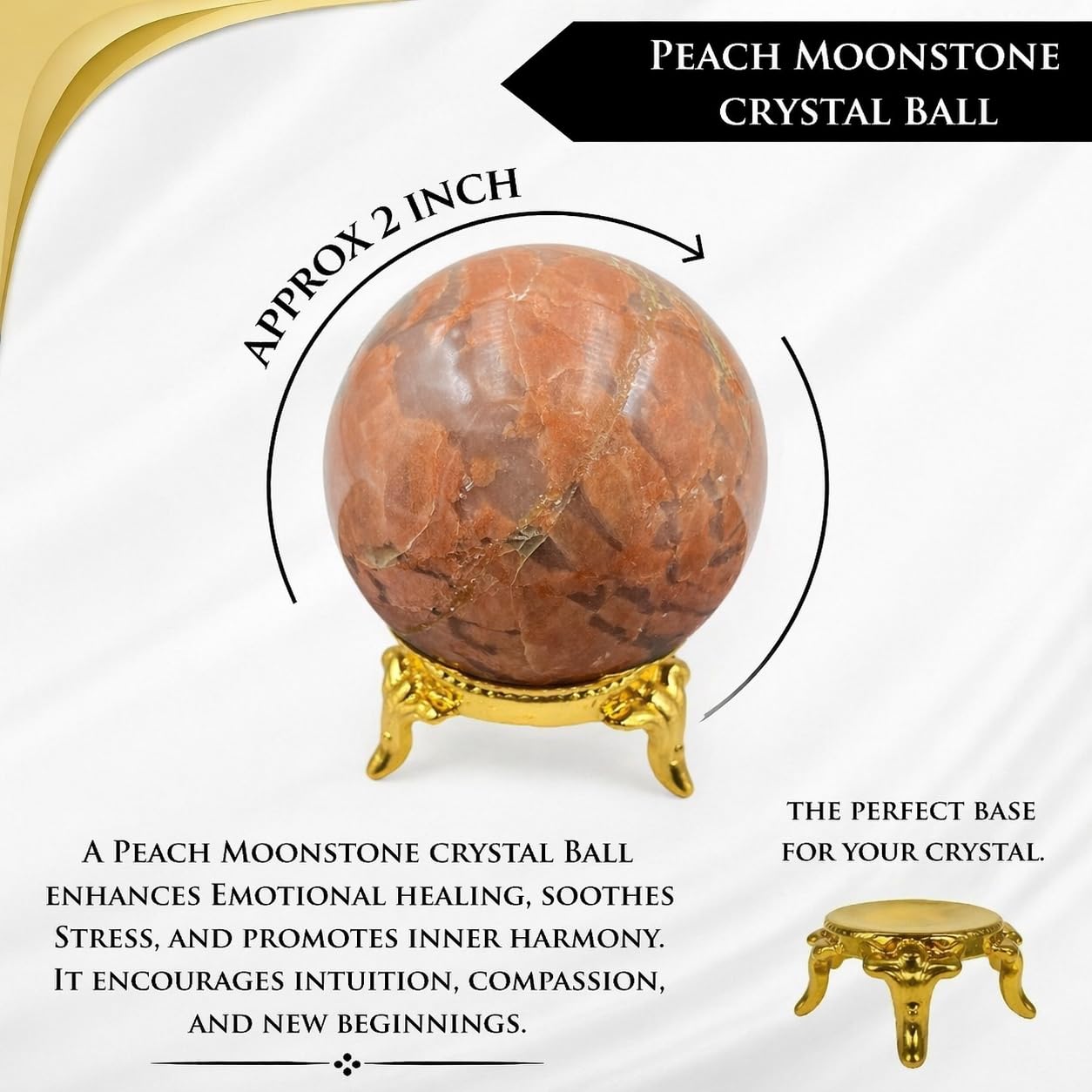 GEMSCITE Natural Moon Stone 50-55 mm Gemstone Ball Sphere with Stand Hand Carved Crystal Altar Healing Devotional Focus Spiritual Chakra Cleansing Metaphysical Gift for Men Women from India