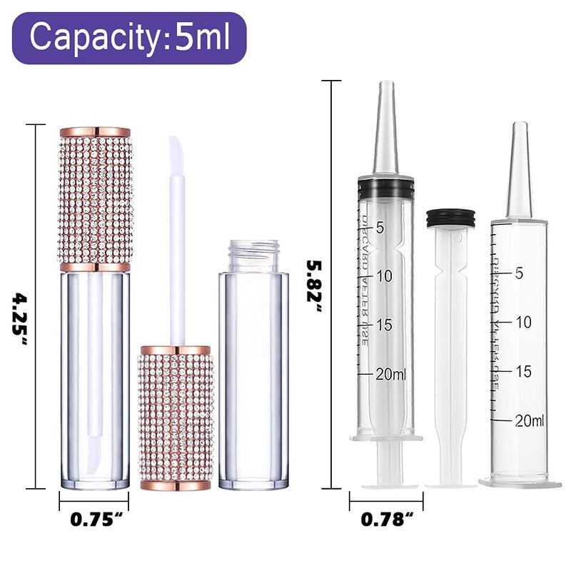 AMORIX 24 Pack Crystal Rhinestone Lip Gloss Tubes with Wand 5ml Empty Containers + Syringes + Labels