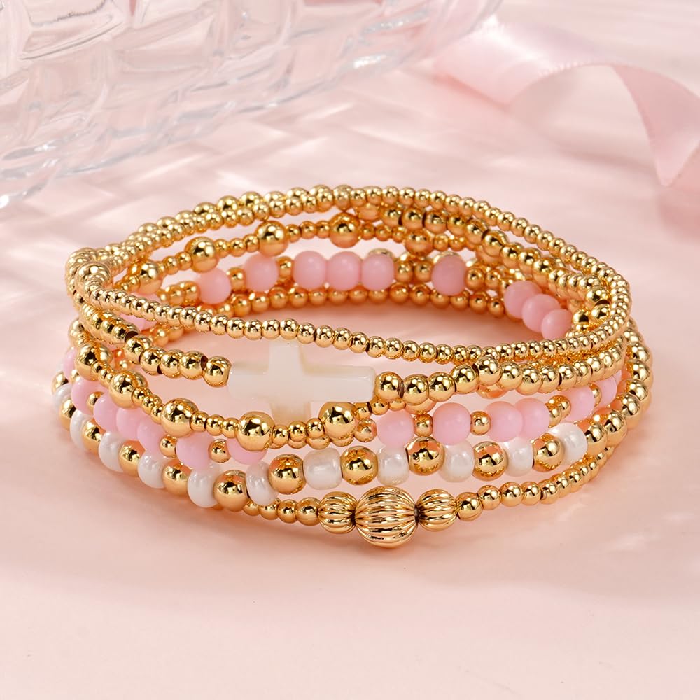 SHINUS BOHO Cross Gold Beaded Bracelet Stack for Women,Bohemian Stretch White Pink Beads Stackable Bracelets Set Fashion Prom Party Accessories Jewelry Gift Friendship