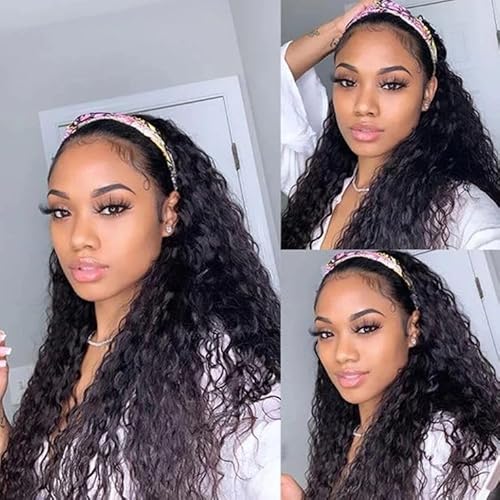 SENSAIRUITE Headband Wig Human Hair 24 Inch Deep Wave Headband Wigs for Black Women 180% Density Wear and Go Glueless Curly Wig Natural Color