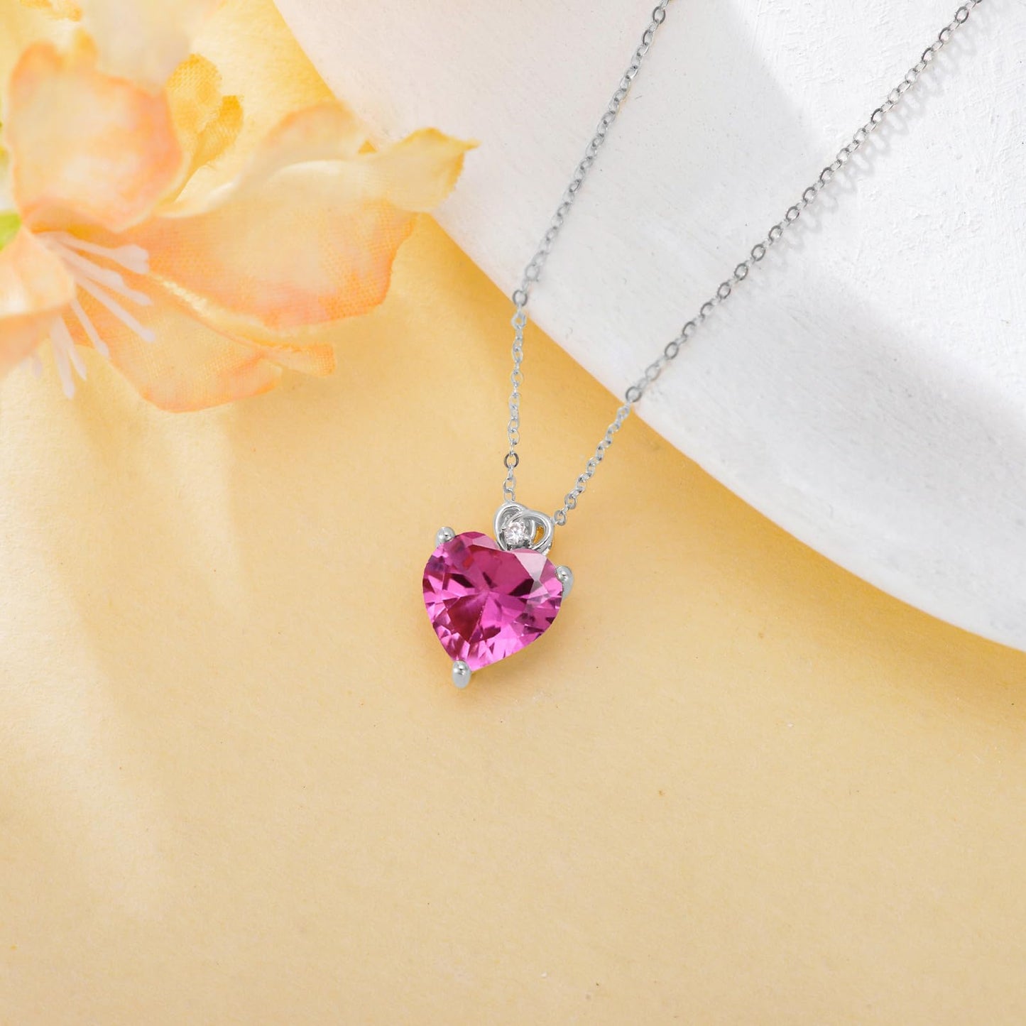 NFYBD 14k White Gold Love Heart Tourmaline Birthstone Pendant Necklace for Women 3 Carat Heart-cut Created Gemstone Anniversary Birthday Mother's Day Necklaces for Her-oct