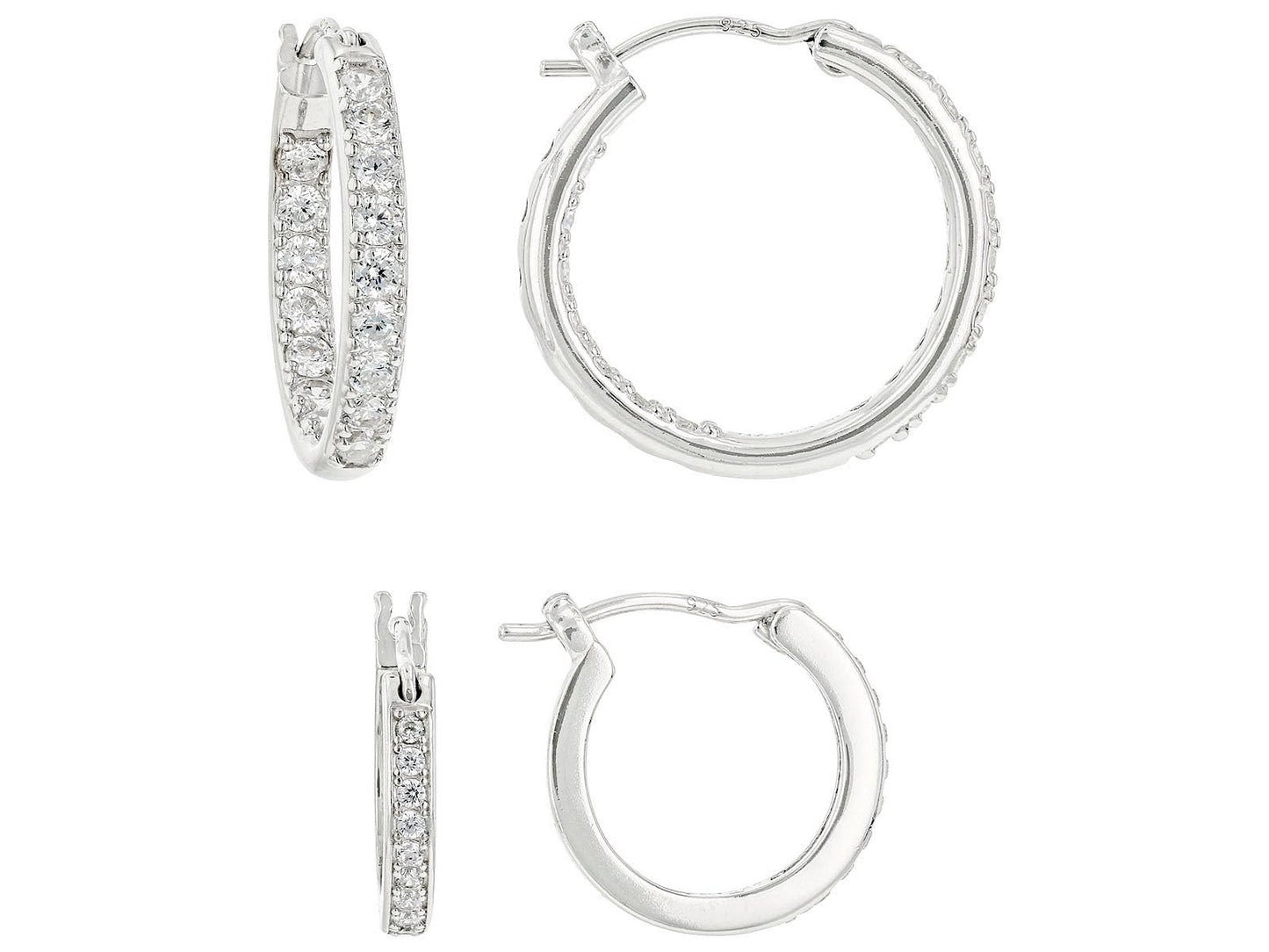 JTV Sterling Silver or Brass Hoop Earrings Set for Women - Platinum- or Yellow Gold-Plated Cubic Zirconia Hoops - 2 Pairs of 12.7 mm Faux Diamond Earrings - Lightweight, Elegant Jewelry Gift for Summer (Platinum-Plated Brass)