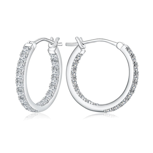 925 Sterling Silver Medium Hoop Earrings Shiny Round Cubic Zirconia Earring Hoops for Women