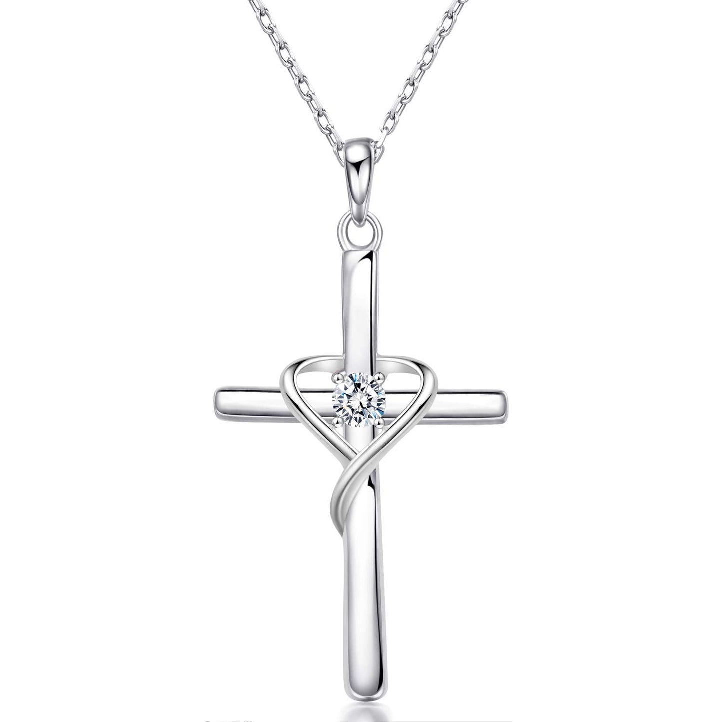 AmorAime 925 Sterling Silver Cross Necklace for Women Men 14K Gold Plated 5A CZ Birthstone Necklaces for Holiday (DD.white-CZ-April)