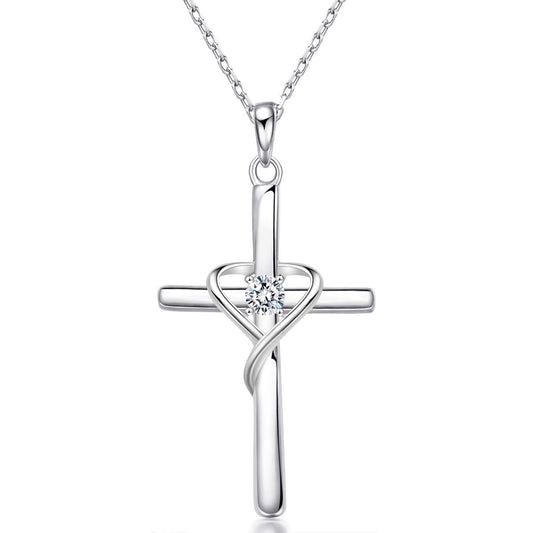 AmorAime 925 Sterling Silver Cross Necklace for Women Men 14K Gold Plated 5A CZ Birthstone Necklaces for Holiday (DD.white-CZ-April)