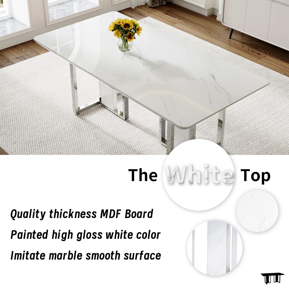MEMUY 79" Modern Dining Table Set for 8,White Dining Room Table with 8 Light Grey PU Chairs, Modern Rectangular Kitchen Table and Chairs Set of 8 with Silver Base