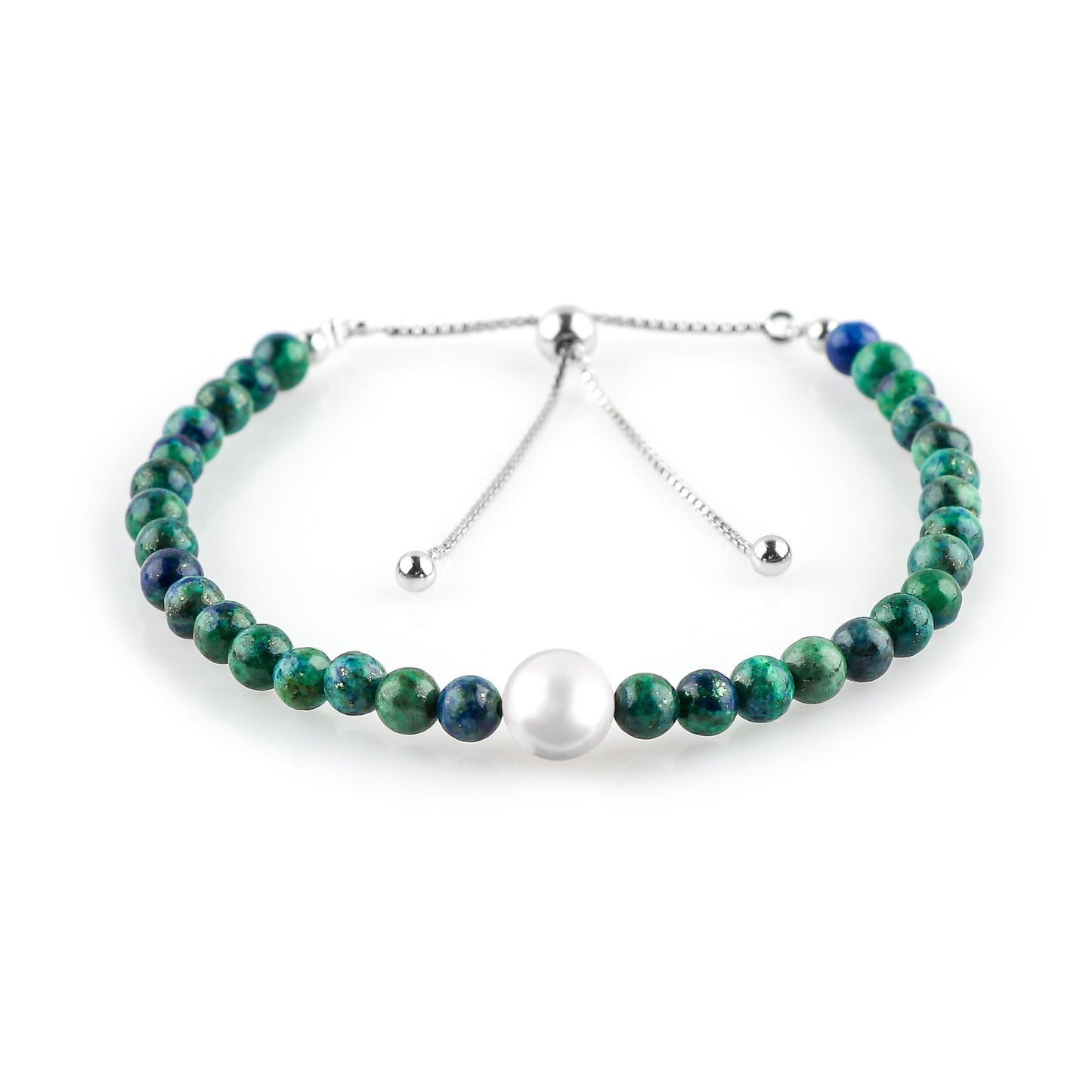 CRYSTALIS Natural Malachite Azurite Beads Slider Bracelet with Elegant Pearl, High Grade Beaded Crystals, Chakra Healing Gemstone, Gift Giving Women Jewelry, 925 Sterling Silver Slider 10 inch