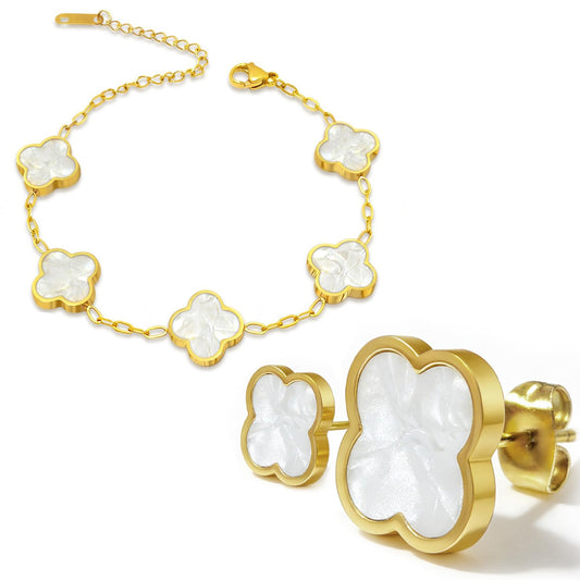 Aimétte Monette 18K Gold Plated Jewelry Set, Clover Bracelets and Stud Earrings Set Women's Hypoallergenic White Gold Lucky Clover Bracelet Fashion Gifts for Women Trendy