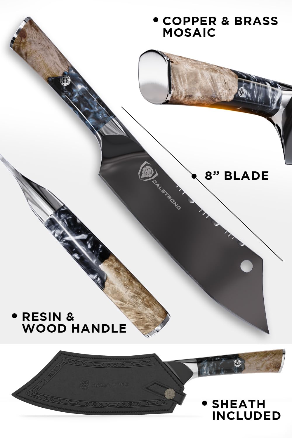 Dalstrong Chef & Cleaver Hybrid Knife - The 'Crixus' - 8 inch - 9CR18MOV HC Steel - Black Blade Titanium Coated - Resin & Wood Handle - Valhalla Series - Razor Sharp Chef's Knife - w/Leather Sheath
