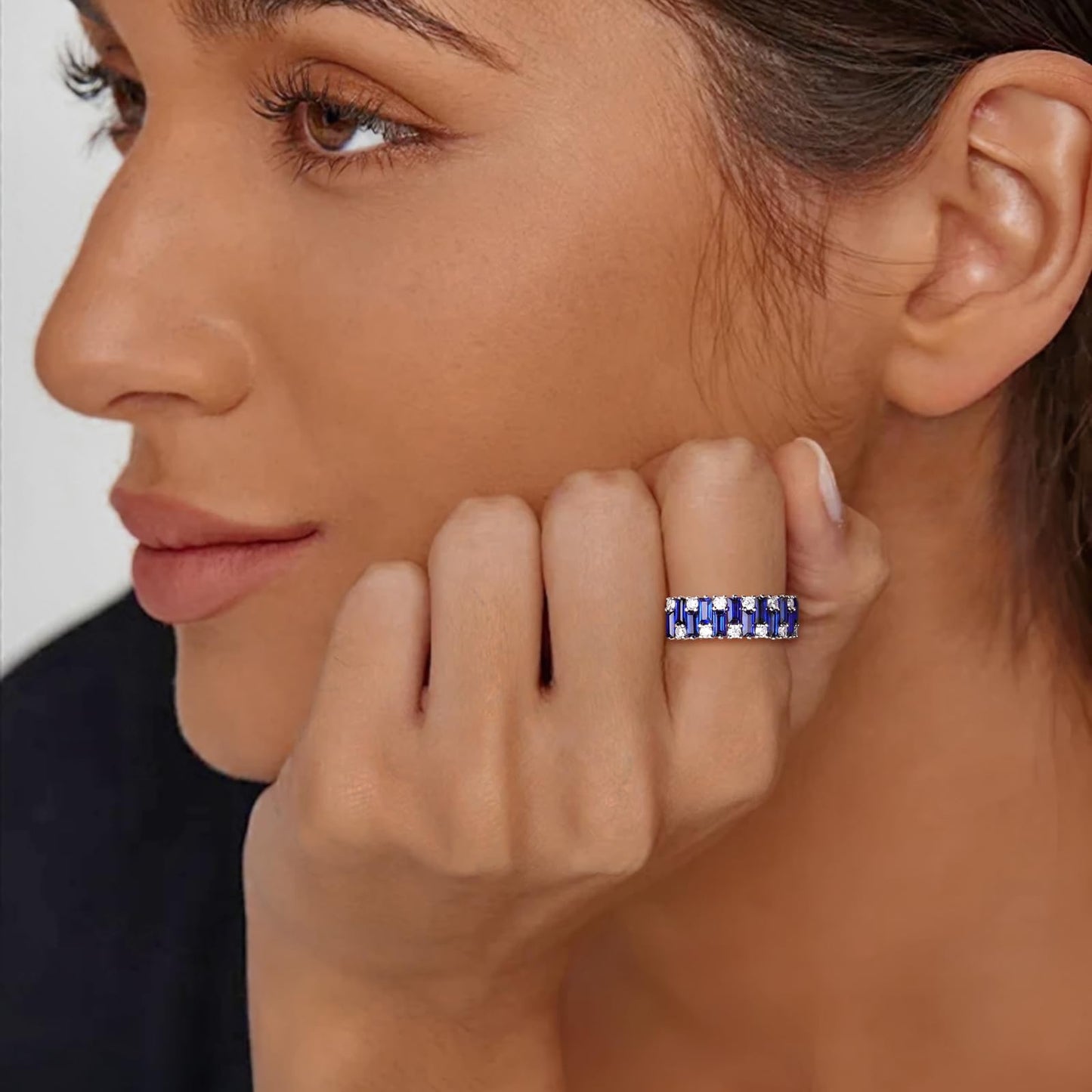 RANDES Sapphire Ring Half Eternity Wedding Bands for Women Men 925 Sterling Silver Blue Stone September Birthstone Ring Size 10