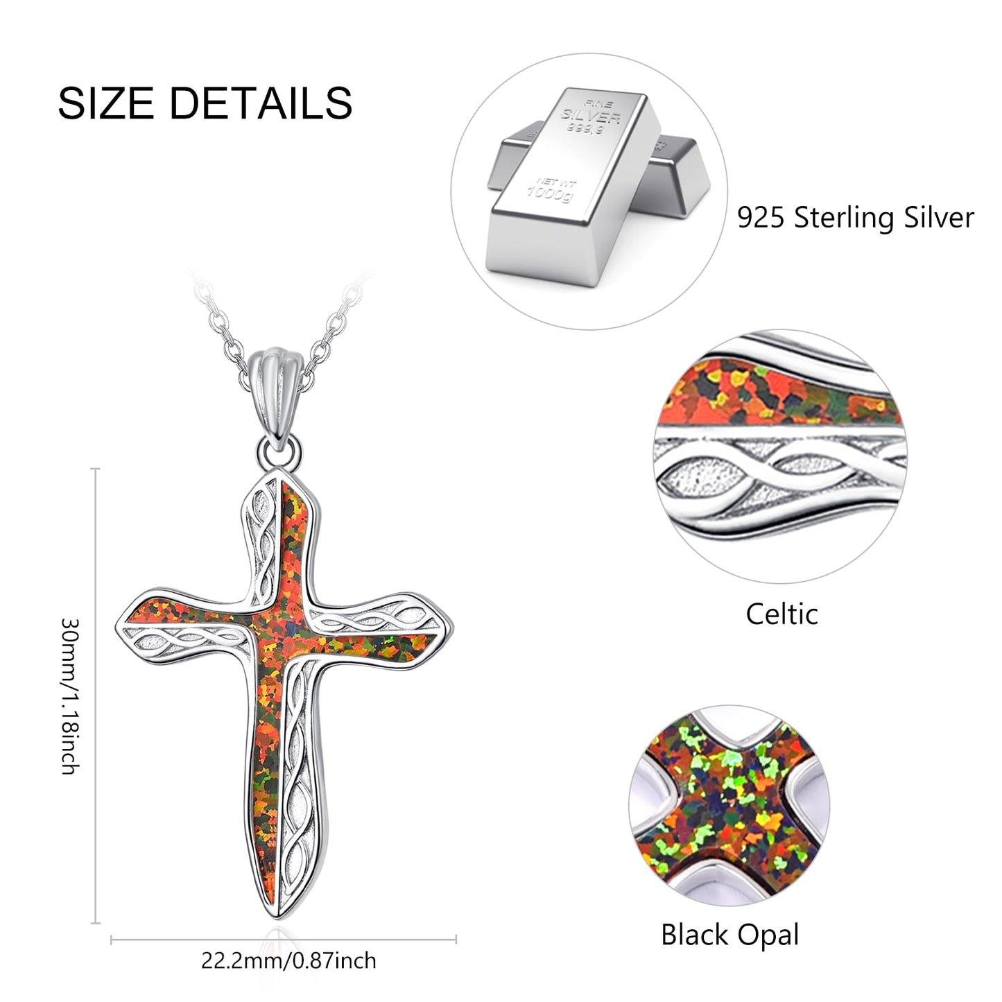 Dreamboat Sterling Silver Cross Necklace for Womens Cross Pendant Faith Christian Jewelry Black Opal Celtic Necklace Confirmation Religious Gifts for Mom
