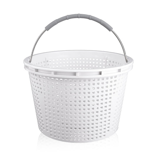 8" Pool Skimmer Basket for Inground Pool Compatible with Pentair U-3 Skimmer Basket 08650-0007 and Hayward SP1070 SPX1070E Pool Basket, Stainless Steel Handle, Rubber Grip & Built in weight, White