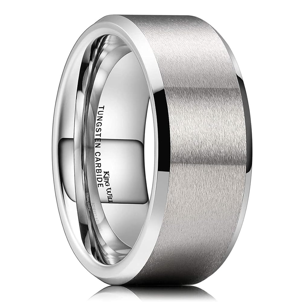 King Will Silver 9mm Men's Wedding Ring - Brushed Matte Finish, Beveled Polished Edge, Comfort Fit Size 7