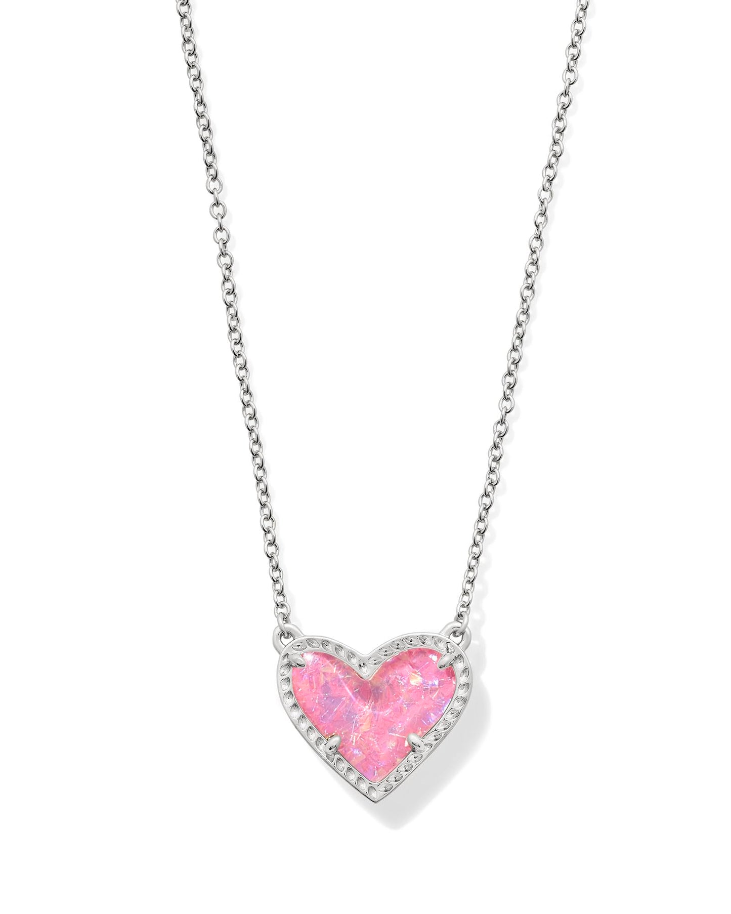 Kendra Scott Ari Heart Short Pendant Necklace in Pink Iridescent Glitter Glass, Rhodium-Plated Brass, Fashion Jewelry for Women