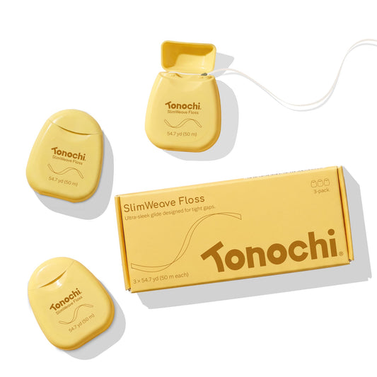Tonochi SlimWeave Extra-Thin Flat Dental Floss for Tight Teeth, Shred-Resistant Dental Tape, Waxed Smooth Glide, Mint + Xylitol, 3-Pack (164 yd Total)