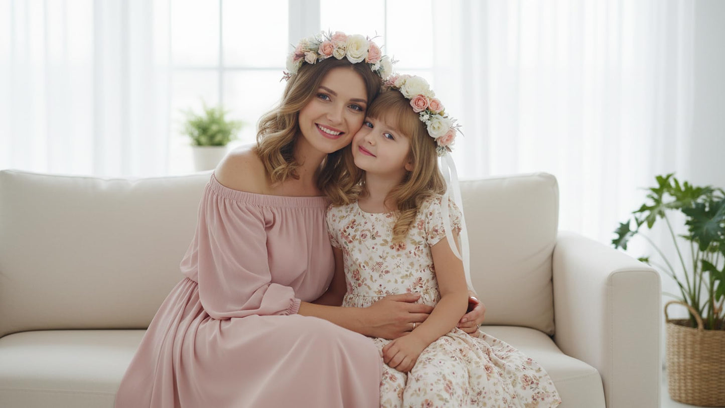 PoshMyra Flower Crown for Girls Wedding Peach Floral Holo Hair Headpiece Bridal Wreath Bridemaid Crown Kids Garland Family Photo Shoots Prop Headband for Women Maternity Wreath for Poppy Dogs