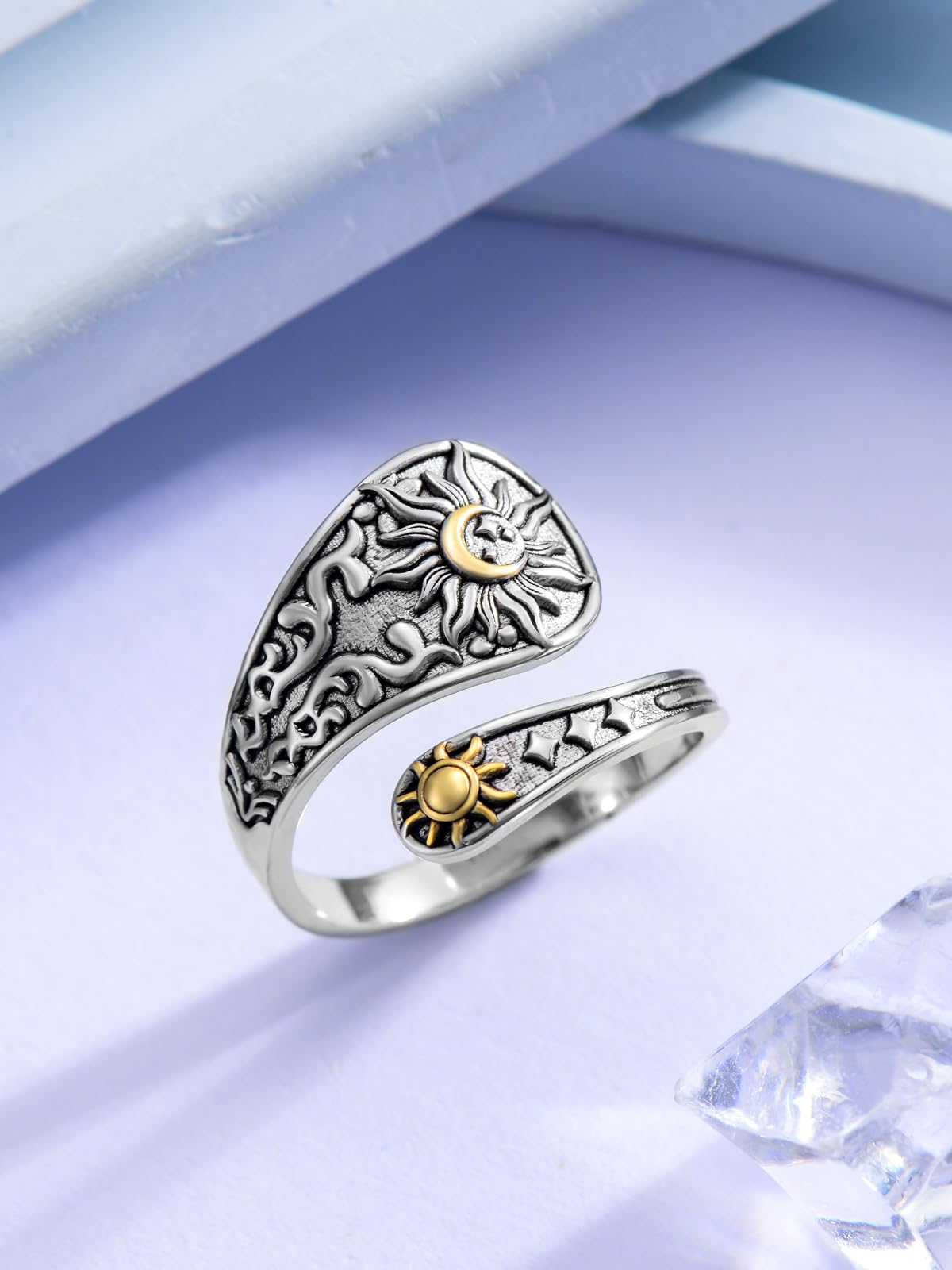 Midari Sun Moon Star Spoon Ring 925 Sterling Silver Vintage Adjustable Thumb Rings for Women & Daughters