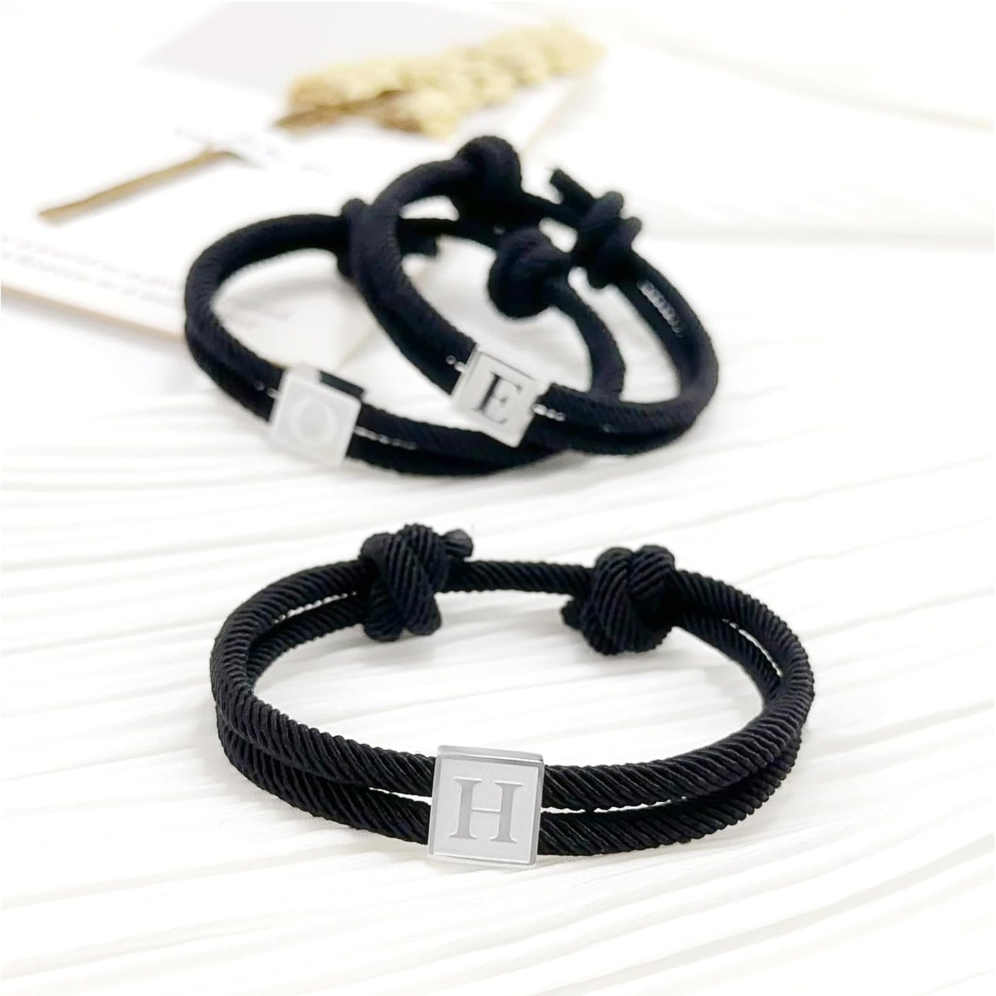 BHDJSHX Personalized Initial Rope Bracelet for Men, Stainless Steel A-Z Letter Bracelet,Adjustable Handmade Braided Black Cord,7-13 Inches,Gifts For Men,Brothers,Son,Boyfriend (F)