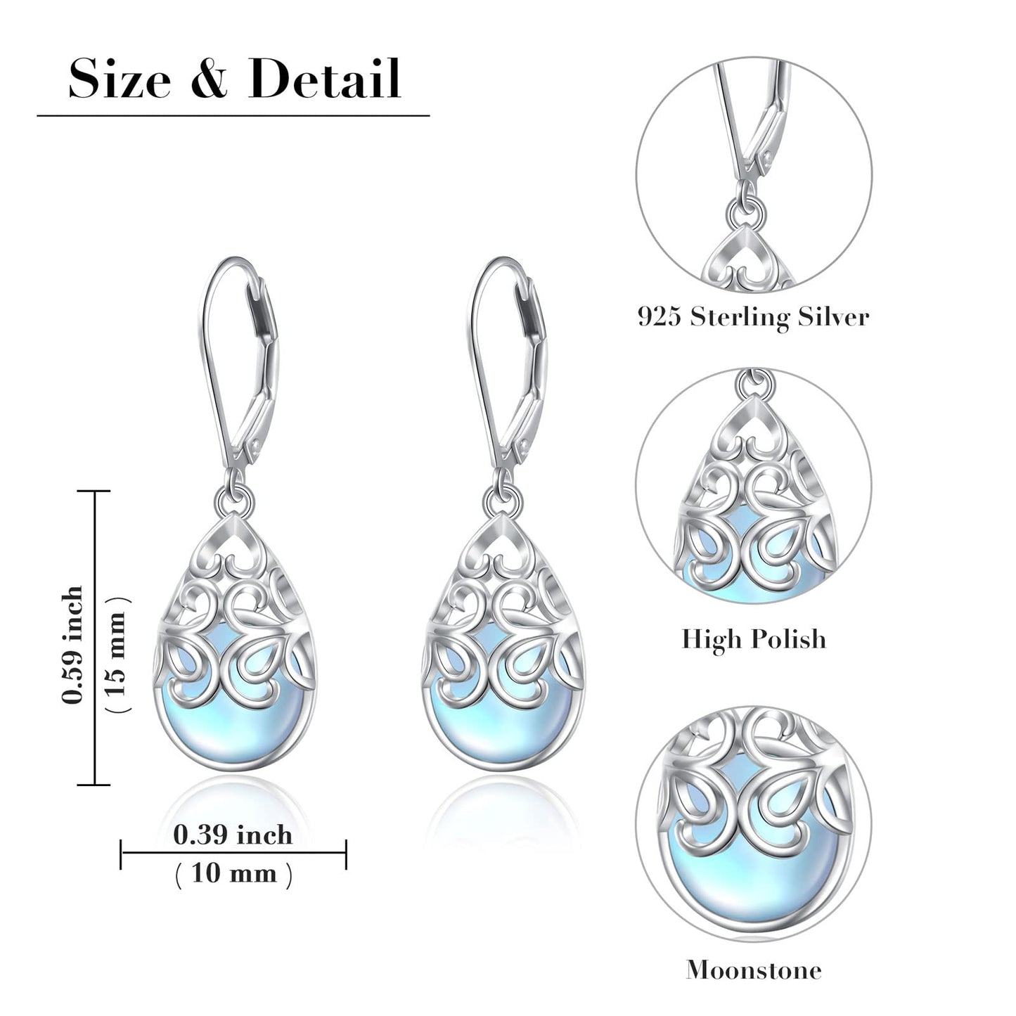 SHAOAN 925 Sterling Silver Filigree Dangle Earrings Moonstone Teardrop Leverback Earrings for Women Jewelry Gifts for Mother’s Day