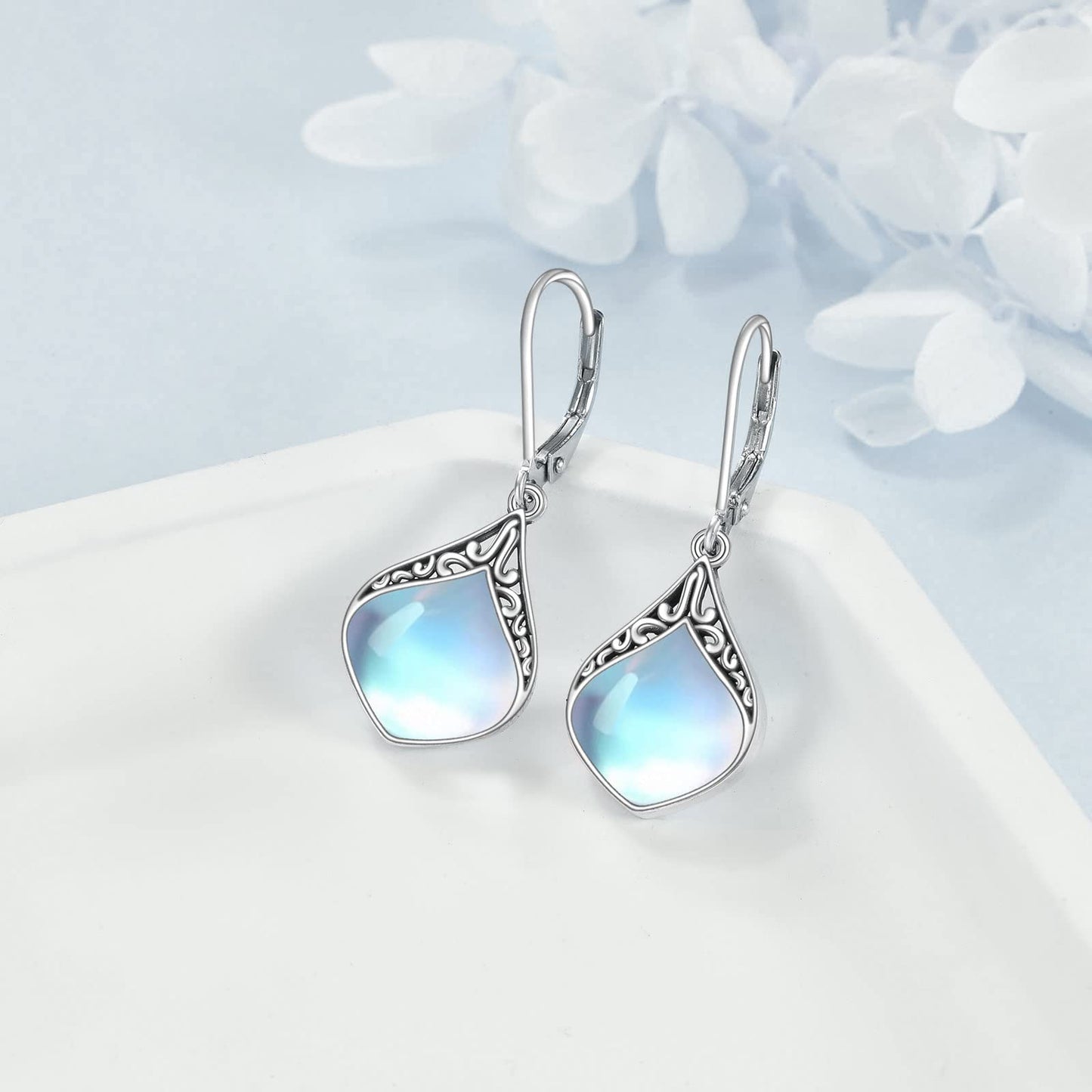 Teardrop Earrings Gifts Sterling Silver Filigree Irish Celtic Teardrop Drop Earrings Jewelry Gifts For Women(Oxidized moonstone teardrop earrings)