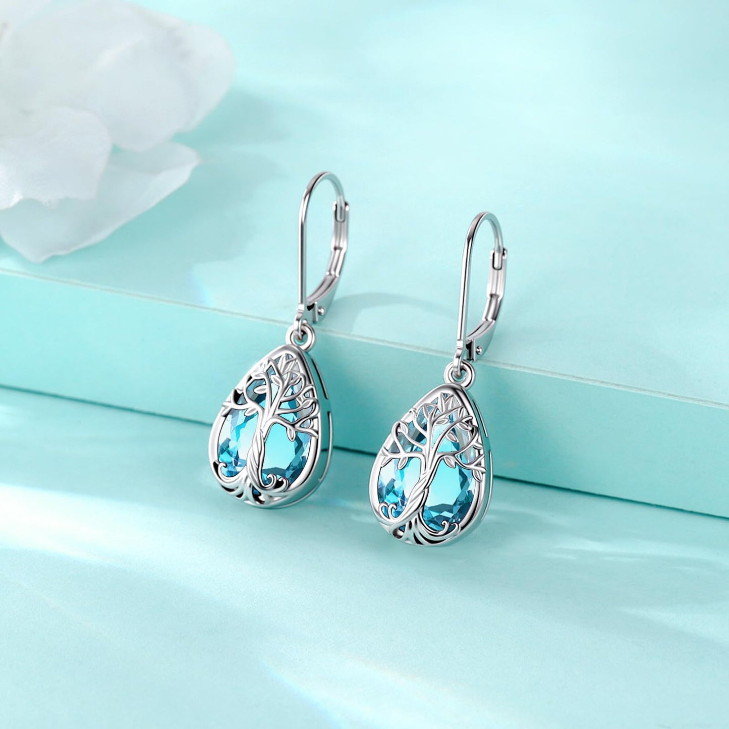 Eusense Sterling Silver Teardrop Dangle Birthstone Aquamarine Earrings Leverback Tree of Life Earrings for Women Sterling Silver Jewelry Gift Everyday Wear