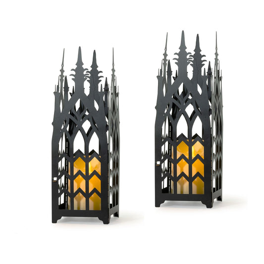AIM & GGKK Gothic Decorative Candle Lantern – Set of 2 Black Metal Lantern for Indoor & Outdoor, Hanging or Table Lantern Decor for Porch,Centerpieces – Candle Lanterns Decorative for Home Decor