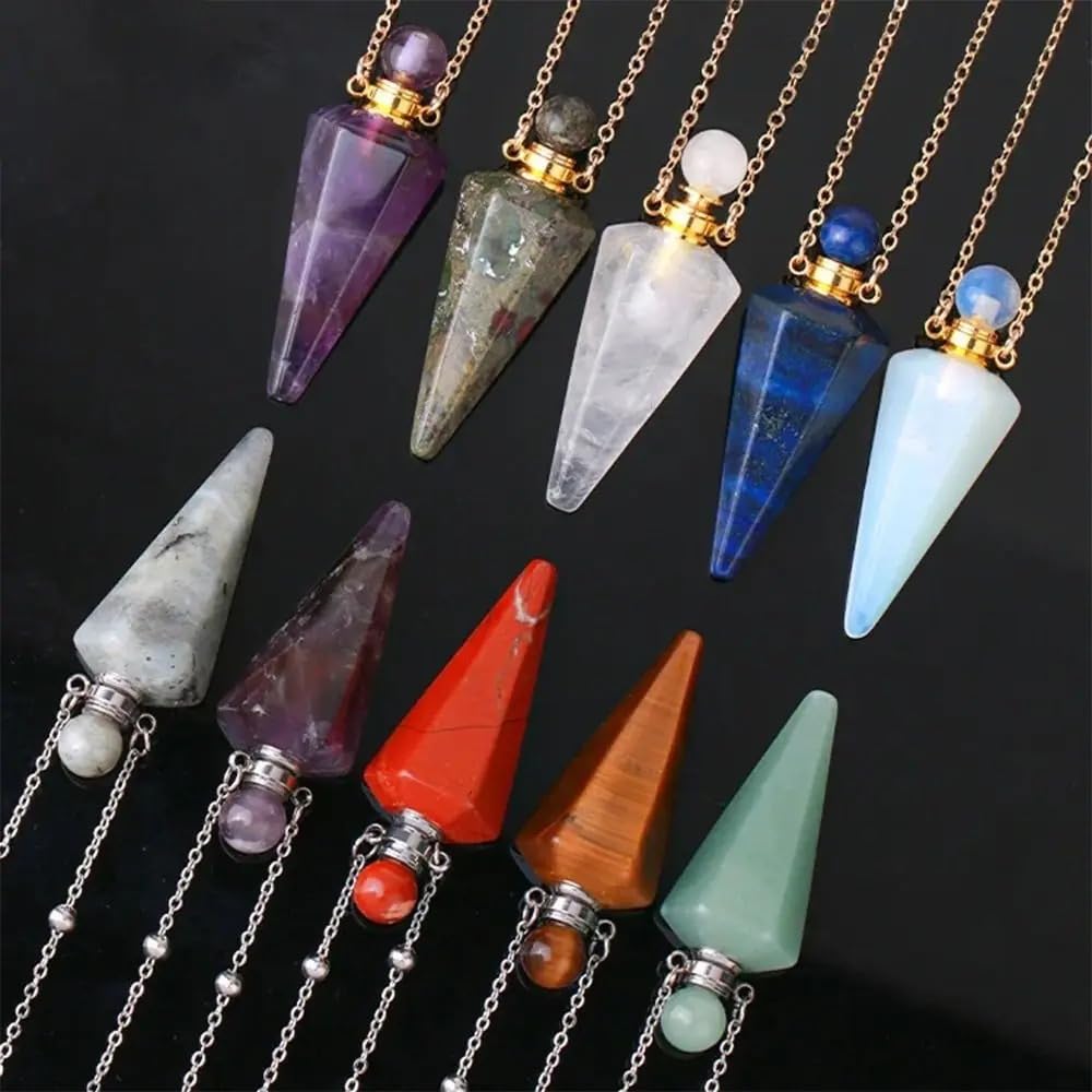 925 Sterling Silver Essential Oil Necklace For Women And Men, Natural Crystal Stone Cone Shape Pendant Necklace Healing Perfume Bottle Necklace Essential Oil Pendant Necklace (2 - Essential Oil Necklace)