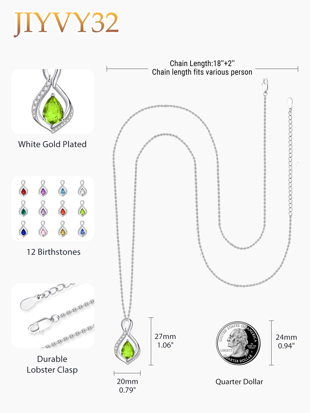 JIYVY32 Peridot Infinity Necklace for Women August Birthstone Necklaces White Gold Plating Anniversary Birthday Gifts for Wife Her Mom Girlfriend Birthstone Jewelry Gifts for Women
