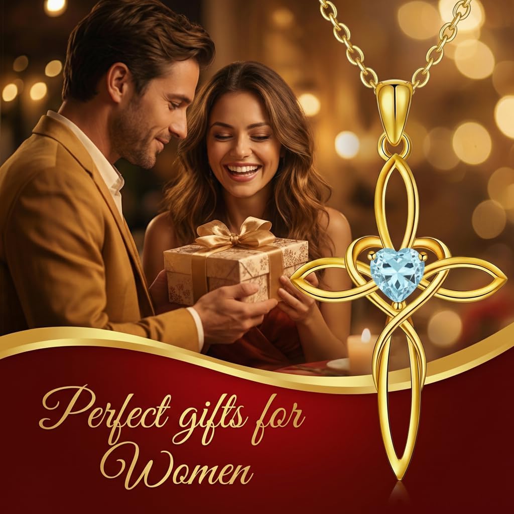 POIUY Celtic Knot Cross Birthstone Necklace for Women 14K Gold Irish Infinity Heart Pendant Cross Jewelry Anniversary Valentines Birthday Mothers Day Gifts for Mom Wife Her
