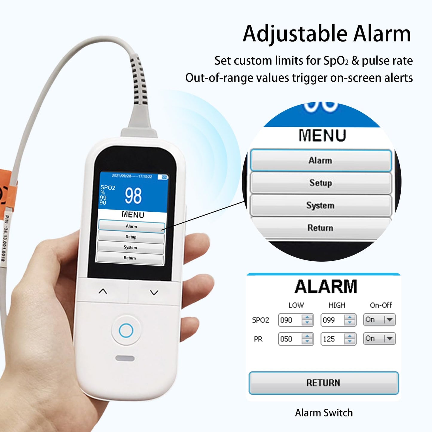 Medical Grade Pulse Oximeter for Adults - Continuous Monitoring, Adjustable SpO2 & Pulse Alarms, Rechargeable Handheld Oximeter Profesional Oximetro, Data Traceability, Instant Alarm