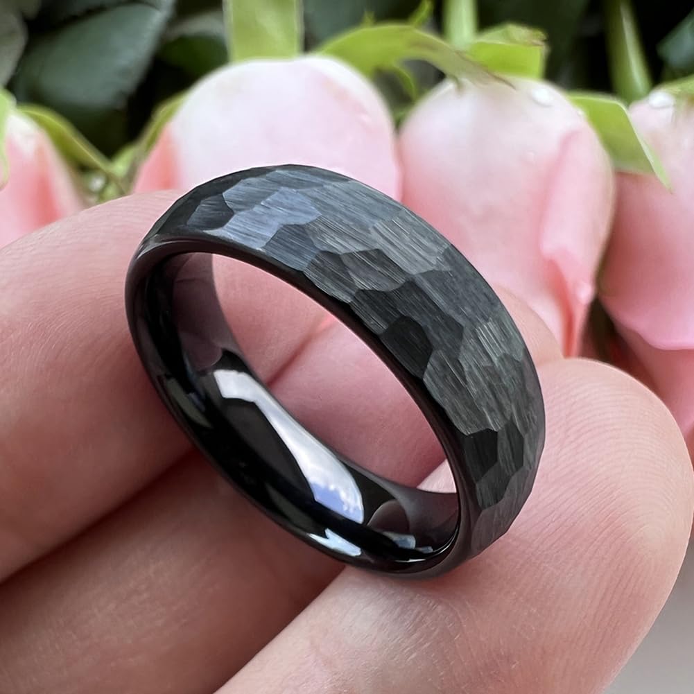 TUTISS 6mm Black Hammered Tungsten Carbide Rings for Men Women Engagement Wedding Bands Domed I Love You Engraved Comfort Fit Size 6