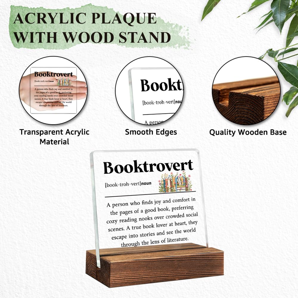 THEBESTU Booktrovert Definition Acrylic Sign with Wooden Stand, Book Lover Gifts for Women, Bookish Gifts for Bookworms Readers, Funny Teen Girl Bedroom D馗or, Library Decors?Librarian Nerd Decoration