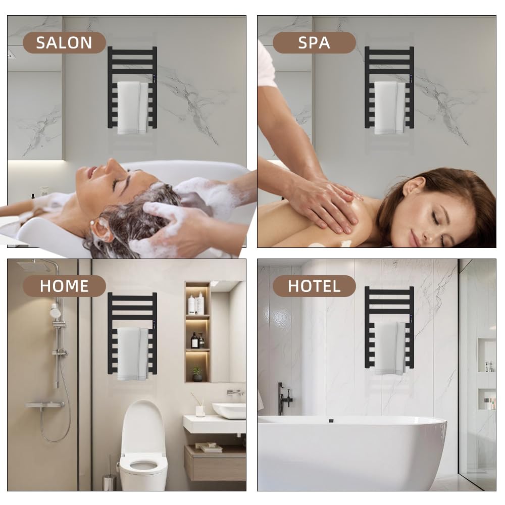 Sawlece Towel Warmers for Bathroom,Space Aluminum Wall Mounted Towel Warmer Rack, Heated Towel Rack for Bathroom,8 Bars Electric Towel Heater with Built-in Timer,Plug-in,Matte Black