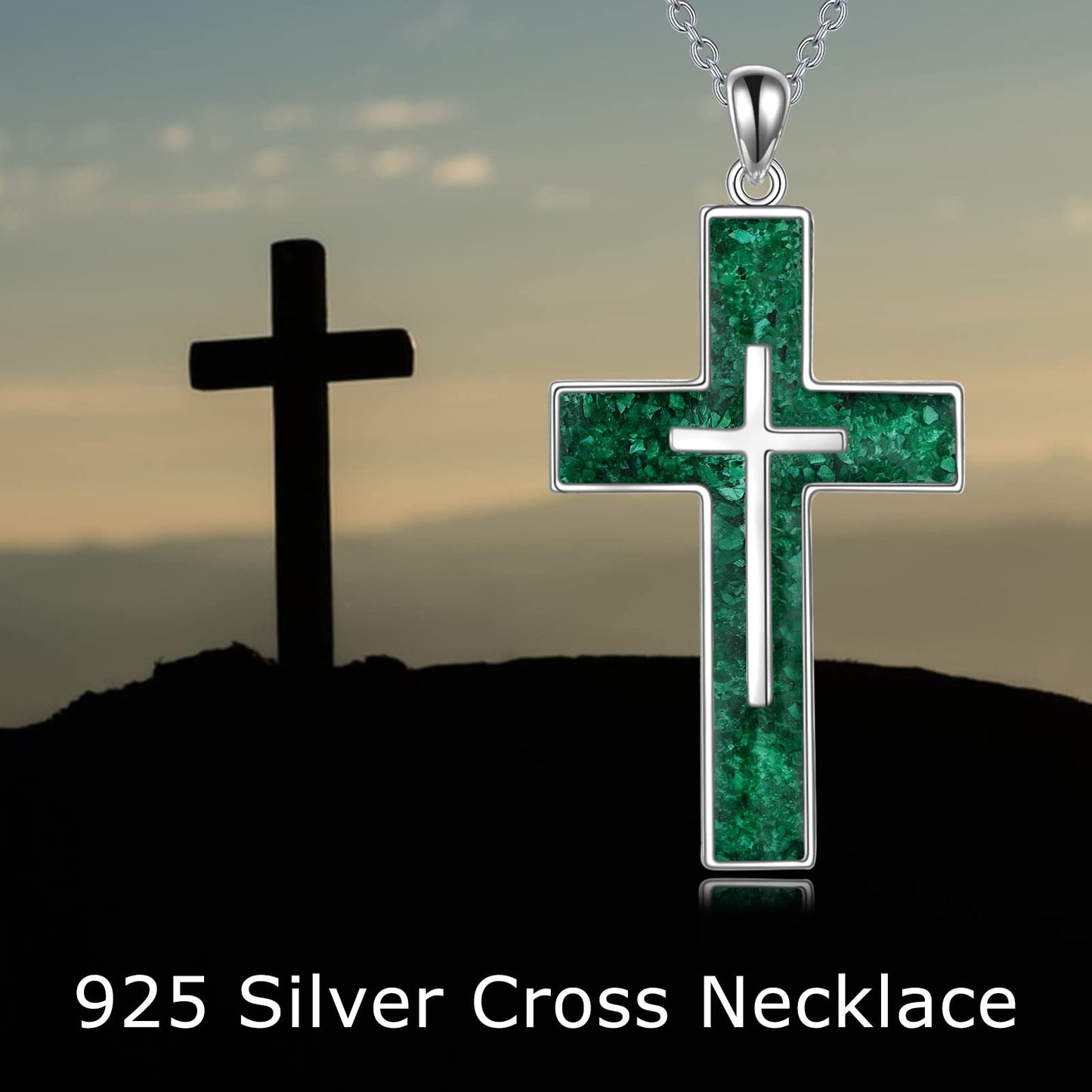 YFN Cross Necklace Sterling Silver Green Malachite Cross Pendant Religious Jewelry Gifts for Women Men