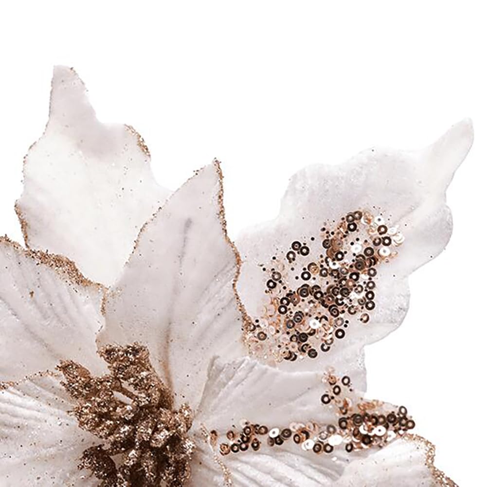 vctops 6 Pcs Christmas Poinsettia Artificial Flowers Shining Glitter Artificial Flower for Xmas Tree Wreath Ornaments New Year Wedding Party Holiday DIY Decoration, White