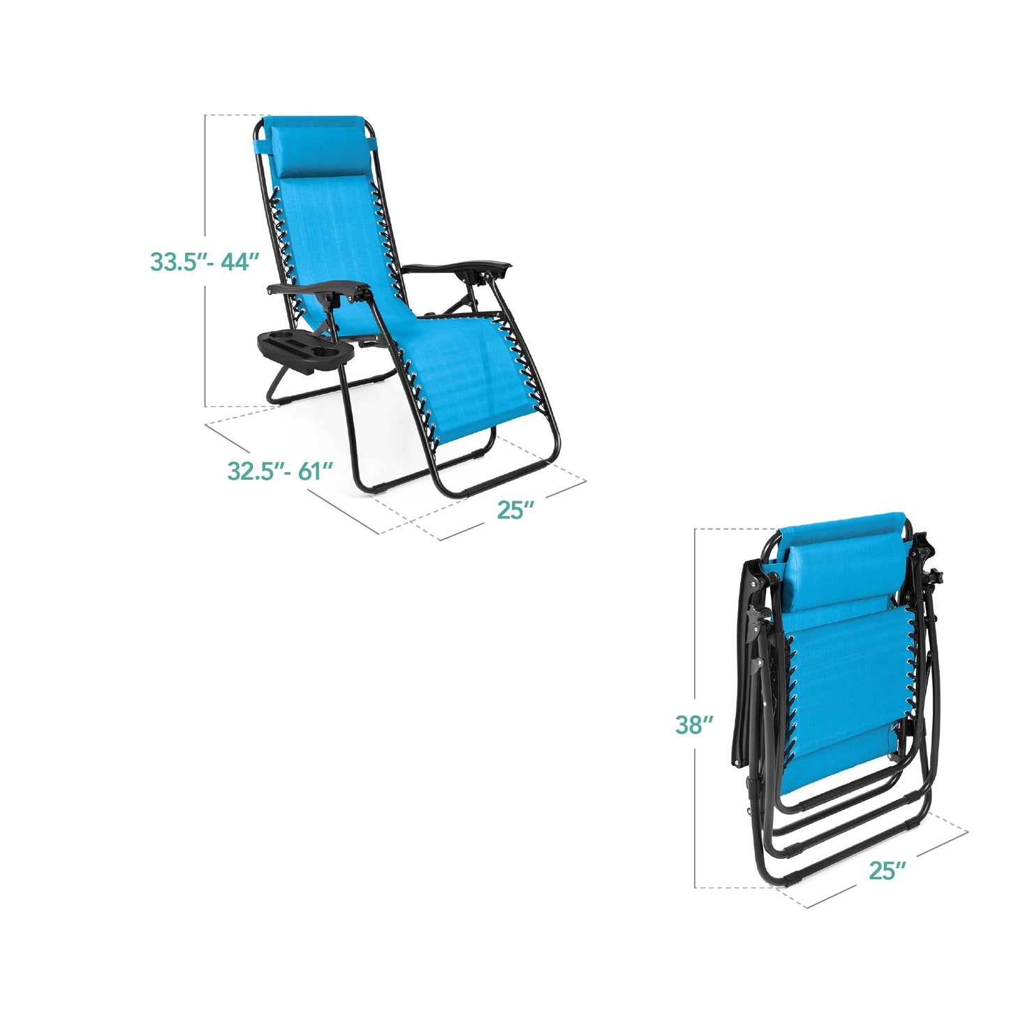 Best Choice Products Set of 2 Adjustable Steel Mesh Zero Gravity Lounge Chair Recliners w/Pillows and Cup Holder Trays - Light Blue