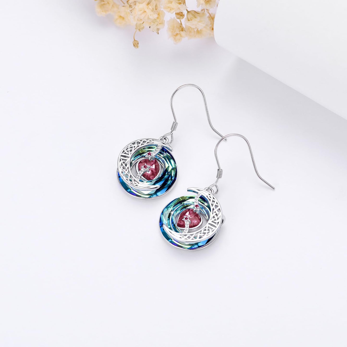 TOUPOP Ruby Earrings July Birthstone Earrings Sterling Silver Moon and Star Drop Dangle Earring Jewelry Blue Crystal Birthday Mothers Day Gifts for Women Mom Her