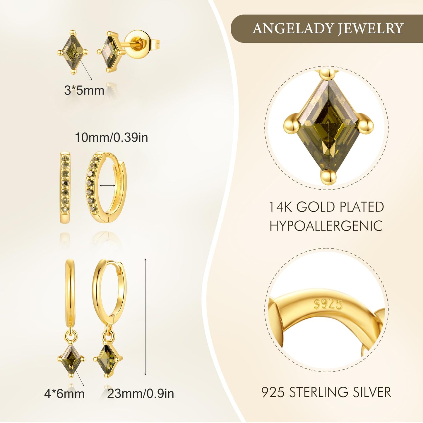 Angelady Gold Hoop Earrings Set for Women, Dainty 14K Gold Plated Green Huggies Earring, Hypoallergenic Dangle Cartilage Hoop Earring Stacks, Olive Green Earrings Trendy Jewelry Gifts