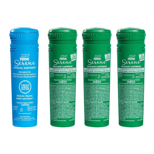 FROG Serene in-Line Cartridges for Hot Tubs That Have Built in Cartridge Holders, FROG Serene Mineral Cartridge + 3 Bromine Cartridges (200 Grams)