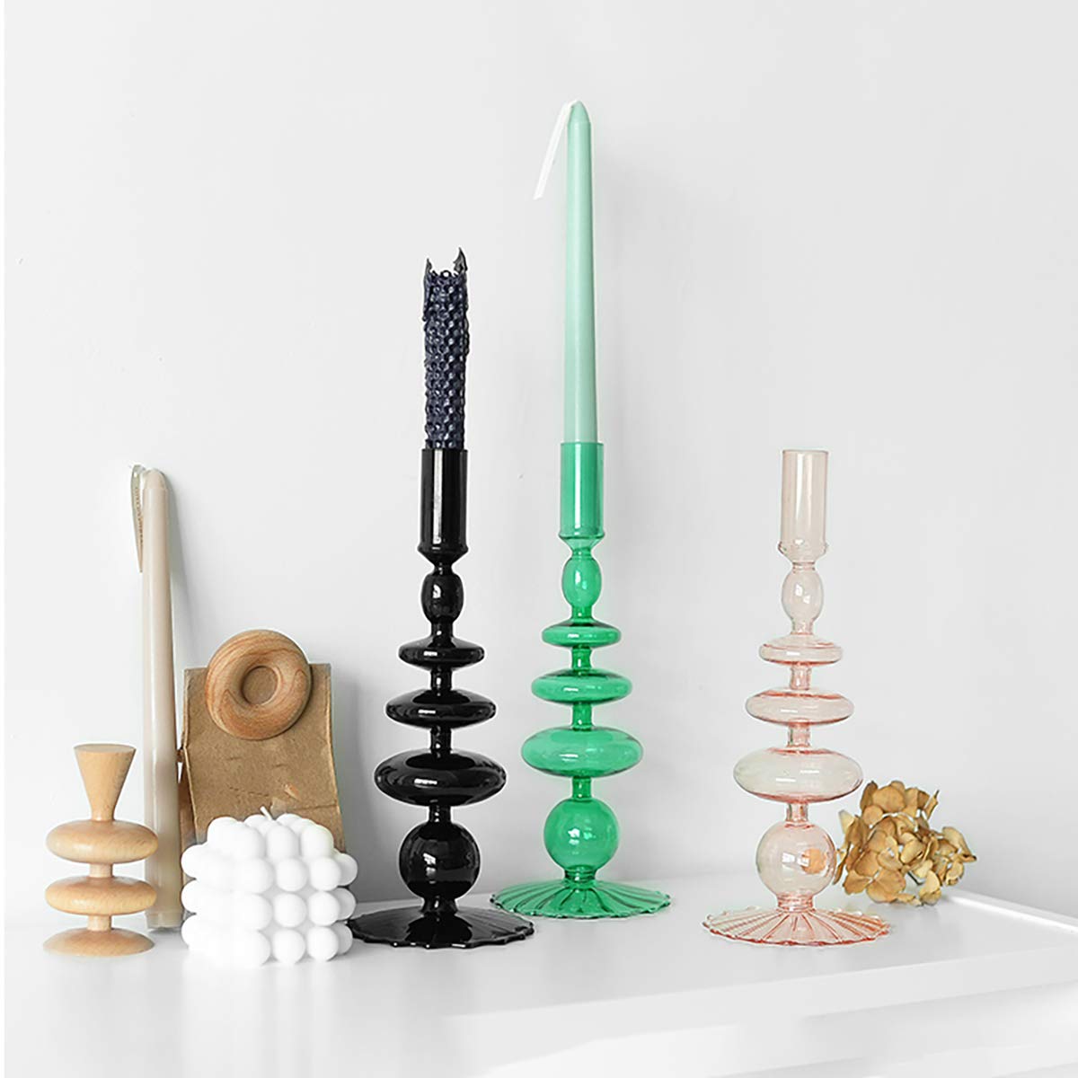 LKXHarleya Glass Candlesticks Holders, Retro Glass Candle Holder for Taper Candle Table Centerpiece Wedding Party Home Decoration, Green
