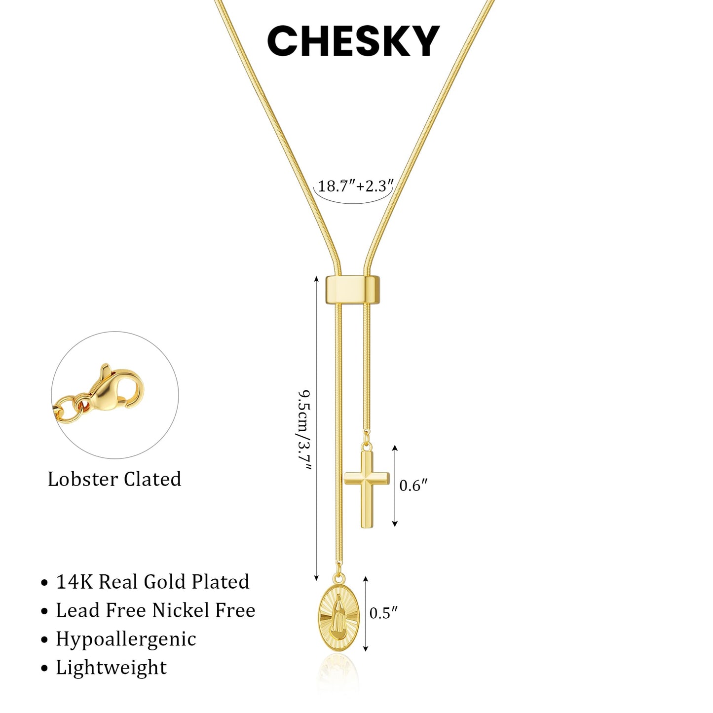 CHESKY 14K Gold Plated Long Necklace for Women Y Shaped Necklace Rosary Cross Drop Pendant Necklace Dainty Trendy Christian Jewelry