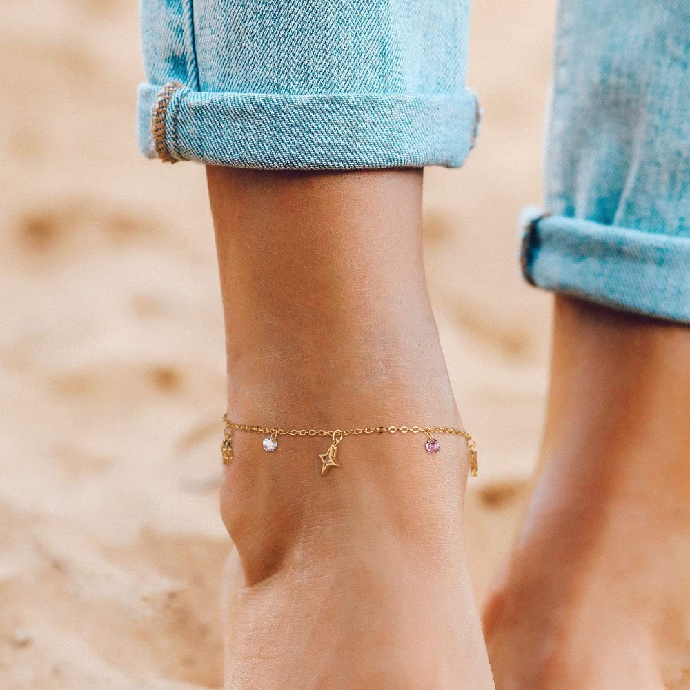 MTMY Gold Anklets for Women 14K Gold Plated Colorful Cubic Zirconia Tassel Foot Chain Dainty Cute Summer Beach Boho Anklets Jewelry Gift (cz star tassel)