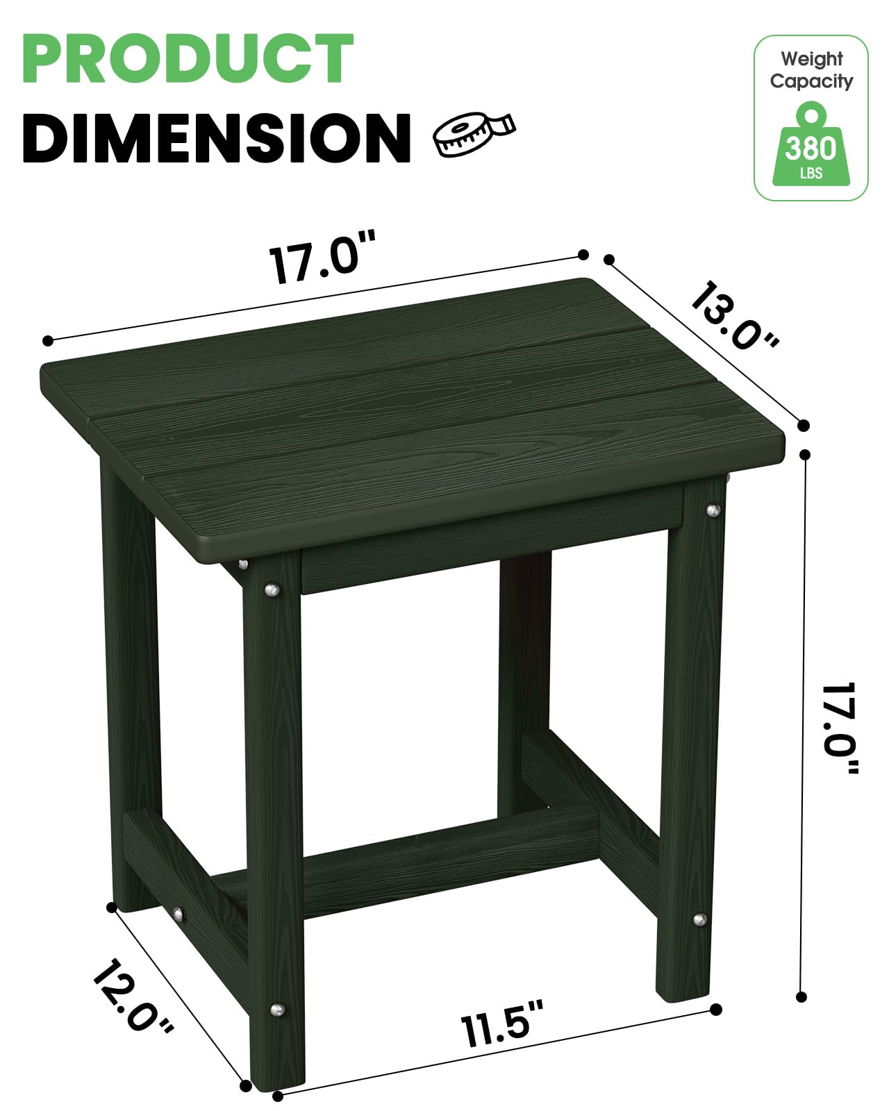 SUUNYN Outdoor Side Table, HDPE Small Outdoor Table, Adirondack Side Tables, Outside End Tables for Patio, Porch, Deck, Pool, Weather Resistant (Green)