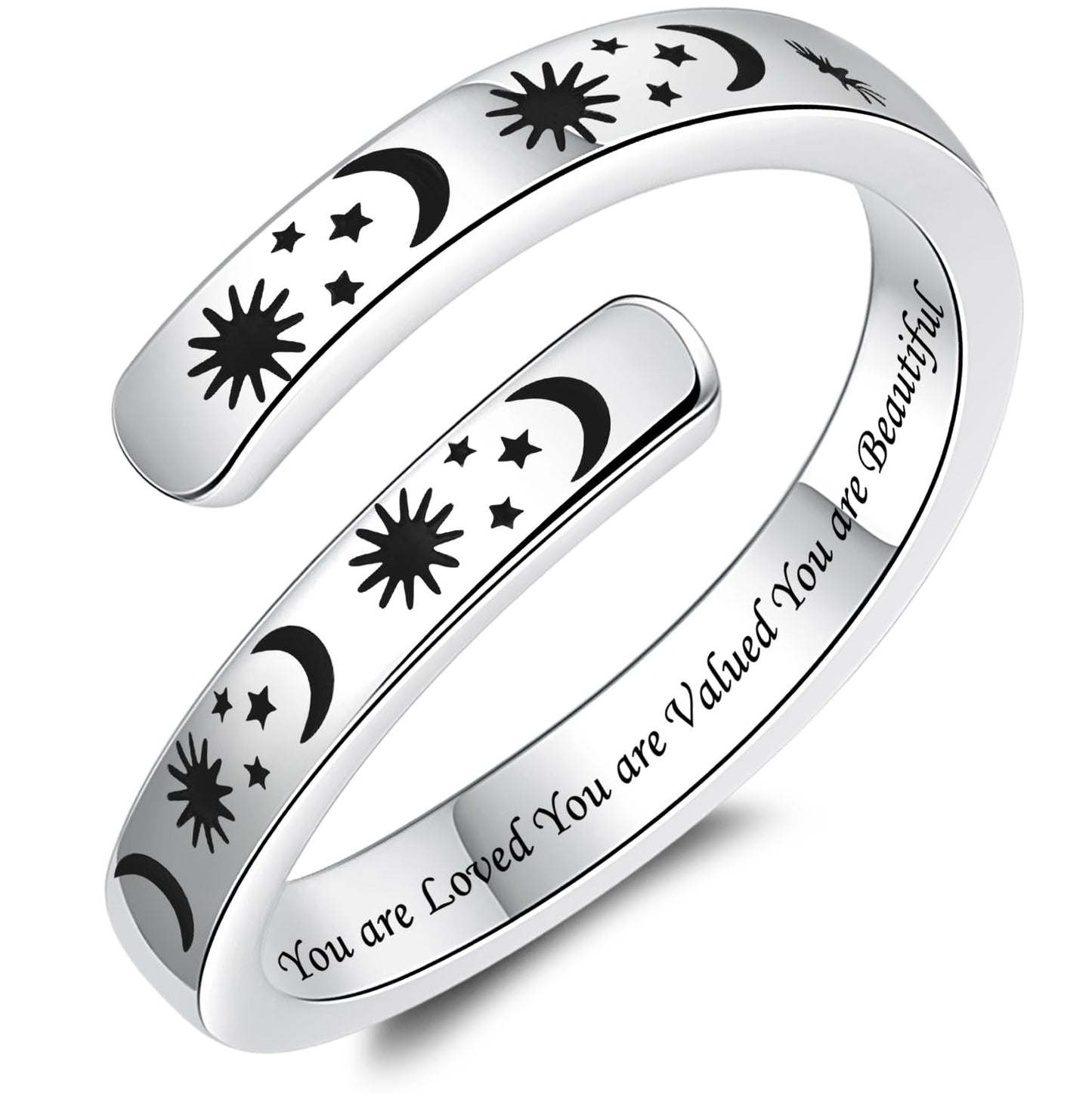 925 Sterling Silver Inspirational Jewelry Adjustable Wrap Open Ring Encouragement Gift for Women (Sun & Moon - You are Loved You are Valued You are Beautiful)