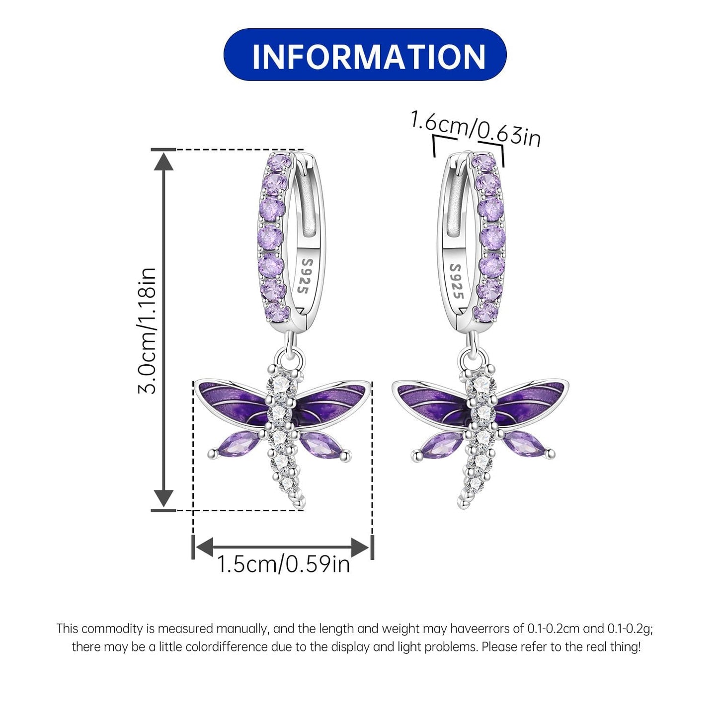 vireau 925 Sterling Silver Drop Earrings Dragonfly Flower Moon Star Dangle Earrings Hypoallergenic Sterling Silver Earrings Jewelry for Women (Purple Dragonfly)